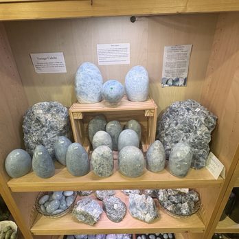 Crystal Garden Rock Shop - Wider view of blue calcite display - Spiritual Shop Near Me - Delavan, Wisconsin Crystal Garden Rock Shop - Wider view of blue calcite display - Spiritual Shop Near Me - Delavan, Wisconsin
