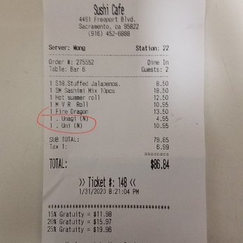 Sushi Cafe - Receipt with appetizer we didnt order - Sushi Bars Near Me - Sacramento, California Sushi Cafe - Receipt with appetizer we didnt order - Sushi Bars Near Me - Sacramento, California