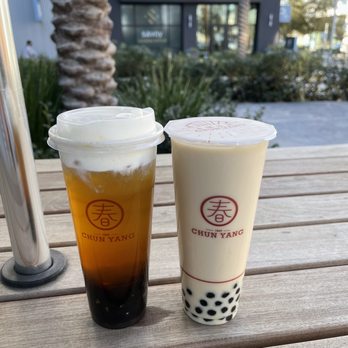Chun Yang Tea - L, Honey Osmanthus Oolong Tea (Quarter Ice, NO Sugar) with Boba and Cheese. R, Pearl Tea Latte (No Ice, 50% Sugar) with Black tea. - Bubble Tea Near Me - Sunnyvale, California Chun Yang Tea - L, Honey Osmanthus Oolong Tea (Quarter Ice, NO Sugar) with Boba and Cheese. R, Pearl Tea Latte (No Ice, 50% Sugar) with Black tea. - Bubble Tea Near Me - Sunnyvale, California