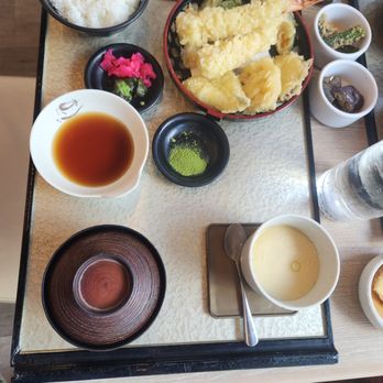 Rinka - Shrimp and vegetable set with miso soup, chawanmushi, rise, sides, the okra was so divine, and green tea salt - Japanese Near Me - Honolulu, Hawaii