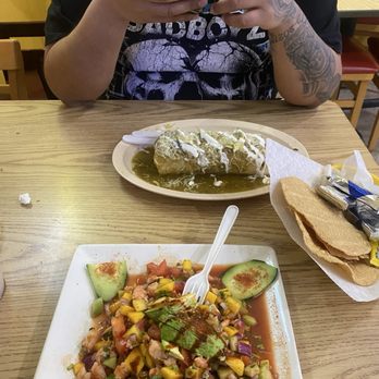 Tacos y Torta Chalios - Burrito mojado verde and ceviche de camarón with mango - Seafood Near Me - Visalia, California Tacos y Torta Chalios - Burrito mojado verde and ceviche de camarón with mango - Seafood Near Me - Visalia, California