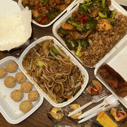 China Bowl - Beef Rice Noodle (#73), Dinner Hunan Chicken & Beef Special, Szechwan Fish, and Sesame Balls