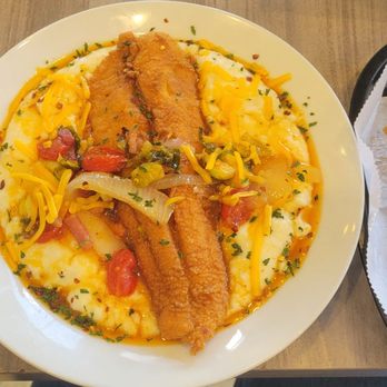 Mr B's Southern Kitchen - Fried Fish and Grits with yams, collard greens, and cornbread - Soul Food Near Me - Tampa, Florida