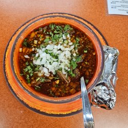 Pueblito Lindo - Birra en Caldo (Shredded beef soup) topped with cilantro & onion
