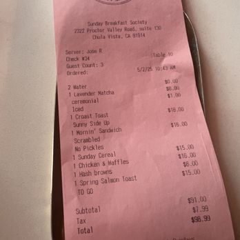Sunday Breakfast Society - the bill, charged $1 for ice. - Breakfast & Brunch Near Me - Chula Vista, California