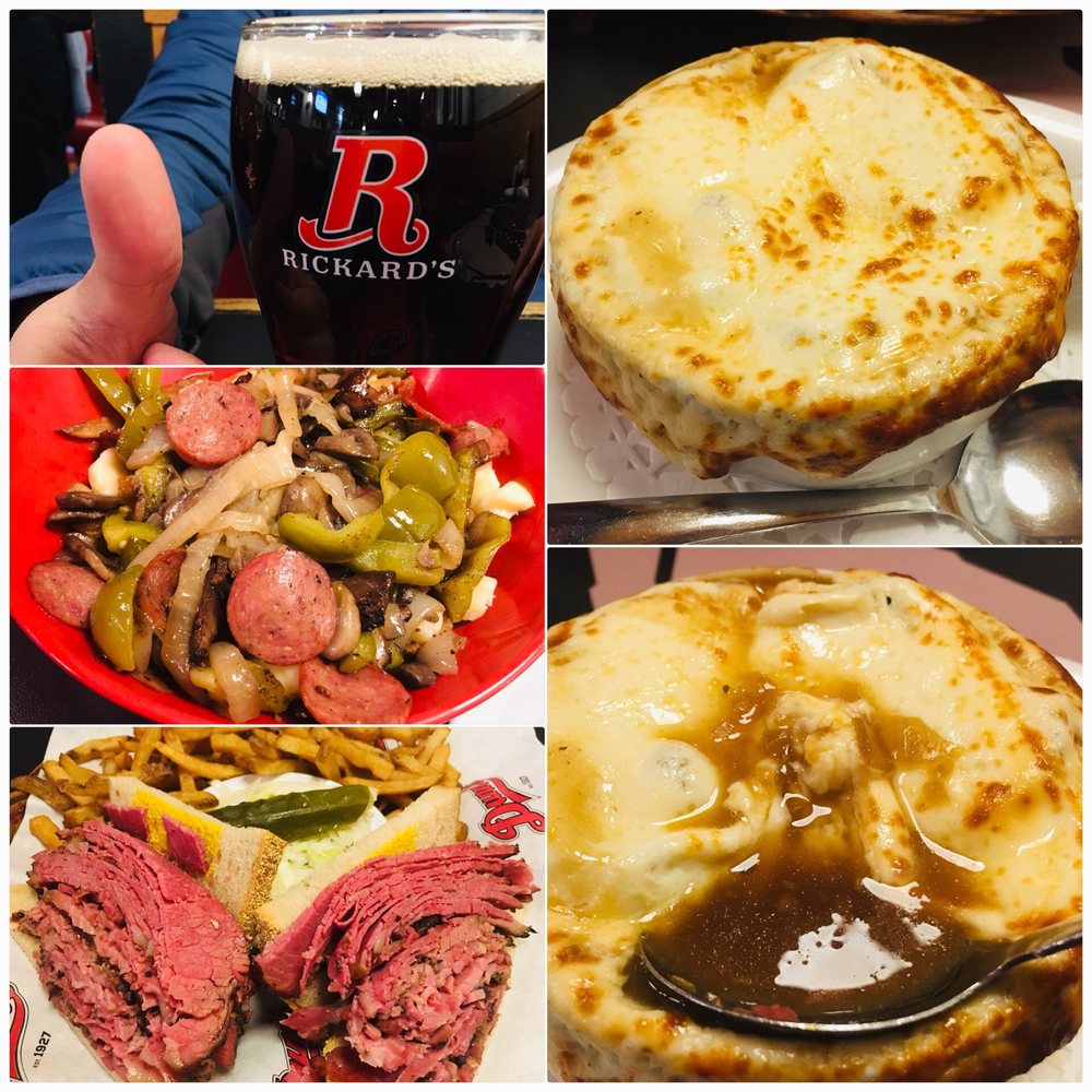 Dunn's - Top left to bottom right: Richard's Red Ale, Sausage Poutine, Smoked Meats Sandwich, French Onion Soup - Poutineries Near Me - Montreal, Quebec Dunn's - Top left to bottom right: Richard's Red Ale, Sausage Poutine, Smoked Meats Sandwich, French Onion Soup - Poutineries Near Me - Montreal, Quebec