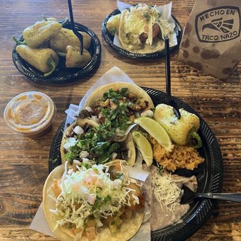 Taco Nazo - 3 Taco Combo with Rice and Beans, added a Shrimp Cocktail, and an ala carte Fish Taco and Ceviche. - Mexican Near Me - Bellflower, California