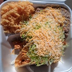 #17, two chicken tacos with rice and beans