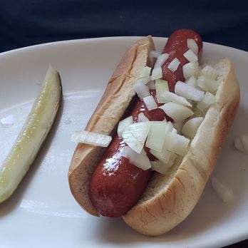 Railroad Station Bar and Grill - Nathan's Jumbo hotdog topped with onions - New American Near Me - Cloverdale, California Railroad Station Bar and Grill - Nathan's Jumbo hotdog topped with onions - New American Near Me - Cloverdale, California