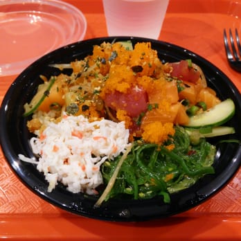 All About Poke - Small bowl, brown rice, salmon, tuna, imitation crab, seaweed salad, cucumber, pineapple, onion, sesame seed, green onion - Seafood Near Me - Studio City, California All About Poke - Small bowl, brown rice, salmon, tuna, imitation crab, seaweed salad, cucumber, pineapple, onion, sesame seed, green onion - Seafood Near Me - Studio City, California