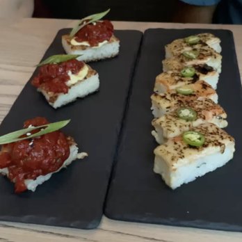 Mila - Tuna Crispy Rice (Left) Aburi Lox Oshi (Right) - Vegan Near Me - Vancouver, British Columbia