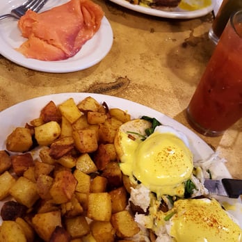 Egg Plantation - This time was a filet benedict and sautéed crab benedict. Both amazing! Bloody marys and a side of smoked salmon - Breakfast & Brunch Near Me - Newhall, California