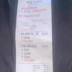 Apex Pizza - Paid a MINT for burnt ( dark) midget wings and moderate up-charge for a cucumber and tomato, very costly Kalamata olives!:(