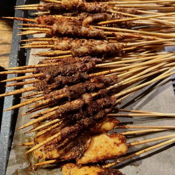 Little Skewer - From top to bottom: Lamb, beef belly, pork belly, and king oyster mushroom skewers - Chinese Near Me - Monterey Park, California