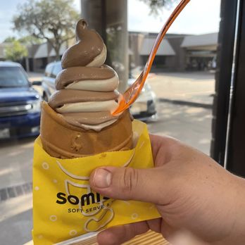 Somisomi - custard-filled taiyaki w/milk + chocolate soft serve - Ice Cream & Frozen Yogurt Near Me - Sugar Land, Texas Somisomi - custard-filled taiyaki w/milk + chocolate soft serve - Ice Cream & Frozen Yogurt Near Me - Sugar Land, Texas