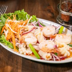 The Baht - SHRIMP AND CALAMARI HERB SALAD Shrimp& Calamari, red onions, chili, cilantro, scallion with spicy lime dressing