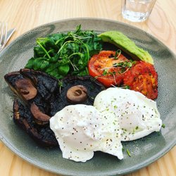 Cafe Botannix - Poached Eggs with Spinach, Mushrooms, Tomato and Avocado