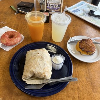 McIntosh Farm Country Store - Breakfast burrito Strawberry donut and a potato pancakes sandwich Fresh Squeezed Orange Juice - Breakfast & Brunch Near Me - Arcata, California McIntosh Farm Country Store - Breakfast burrito Strawberry donut and a potato pancakes sandwich Fresh Squeezed Orange Juice - Breakfast & Brunch Near Me - Arcata, California