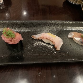Sushi Tadokoro - 2nd round of nigiri, including toro, rock fish and aji mackeral - Sushi Bars Near Me - San Diego, California Sushi Tadokoro - 2nd round of nigiri, including toro, rock fish and aji mackeral - Sushi Bars Near Me - San Diego, California