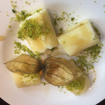 Layaly Beirut ليالي بيروت - Mascarpone cheese dessert with rose water, honey and pistachios. It was as tasty as it was beautiful - Arabic Near Me - Interlaken, BE