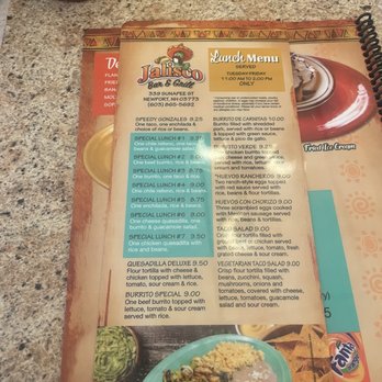 Jalisco Bar & Grill - Front of the lunch menu - Mexican Near Me - Newport, New Hampshire