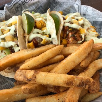 Crabby's Dockside - Mahi tacos - very good! Huge pieces of mahi & fries are amazing - Seafood Near Me - Clearwater Beach, Florida
