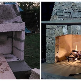 Somerset Stoneworks - a brick fireplace with a fire in it - Landscape Architects or Designers Near Me