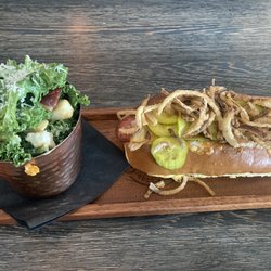 Ballpark (?) hot dog and kale salad!