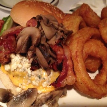 Brews Brothers Grille - Burger with Anerican cheese, bleu cheese, and bacon and onion rings. - Sports Bars Near Me - Franklin Square, New York