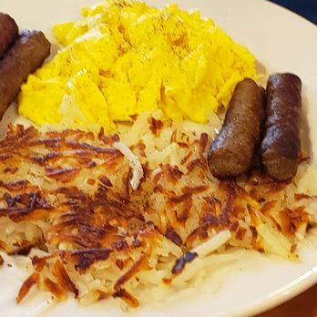 Lume's Pancake House - Scrambled eggs, hash browns, breakfast sausage. - Pancakes Near Me - Chicago, Illinois Lume's Pancake House - Scrambled eggs, hash browns, breakfast sausage. - Pancakes Near Me - Chicago, Illinois