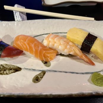 Bento Cafe - Clam, salmon, shrimp and tomago (egg) nigiri - Japanese Near Me - Hainesville, Illinois Bento Cafe - Clam, salmon, shrimp and tomago (egg) nigiri - Japanese Near Me - Hainesville, Illinois