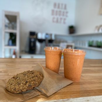 Gaia House Cafe - two cups of smoothie and a cookie - Vegetarian Near Me - Grand Rapids, Michigan Gaia House Cafe - two cups of smoothie and a cookie - Vegetarian Near Me - Grand Rapids, Michigan
