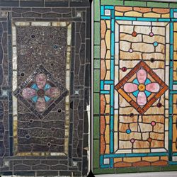 Majeki's Stain Glass Works - BFORE and AFTER....  All broken pieces were replaced, the bend in the glass was fixed and at least 40 years of dirt stripped away! LOVE!