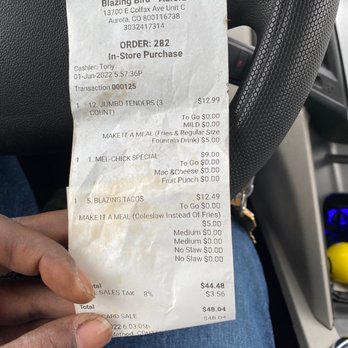 Blazing Bird - Aurora - Receipt - Chicken Shop Near Me - Aurora, Colorado