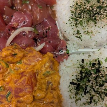 Hawaiian Fresh Seafood - The goods... Three scoops of poke and two scoops of rice - Poke Near Me - Poway, California