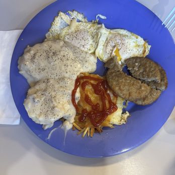 Legends Cafe - Biscuits and gravy, very good, Eggs, 1/4 order hash browns and sausage! - Cafes Near Me - Council Bluffs, Iowa