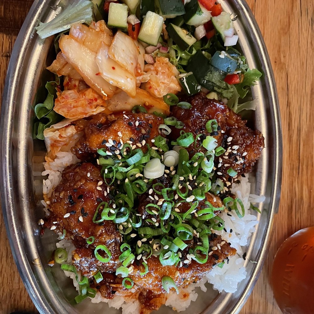 Spork - Rice flour fried Chicken with kimchi and cucumber salad, rice - Mexican Near Me - Bend, Oregon