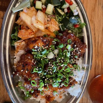 Spork - Rice flour fried Chicken with kimchi and cucumber salad, rice - Mexican Near Me - Bend, Oregon Spork - Rice flour fried Chicken with kimchi and cucumber salad, rice - Mexican Near Me - Bend, Oregon