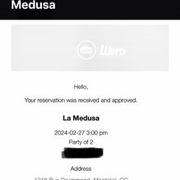 Email confirmation of our reservation at 3pm.