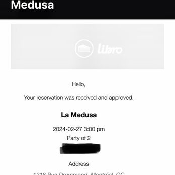 La Medusa - Email confirmation of our reservation at 3pm. - Italian Near Me - Montreal, Quebec