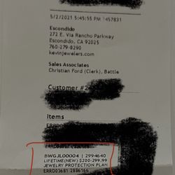 Kevin Jewelers - The receipt with life time protection plan