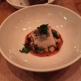 Black Cod with New Potatoes, Celery, Wakame, Pickled Mustard Sees and Crispy Shallots.