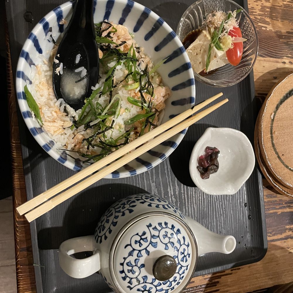 Onibaba - half eaten sake cha with dashi (they put wasabi furikake on there for a subtle taste of heat) - Japanese Near Me - Seattle, Washington Onibaba - half eaten sake cha with dashi (they put wasabi furikake on there for a subtle taste of heat) - Japanese Near Me - Seattle, Washington