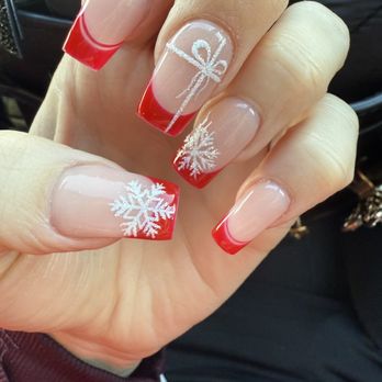 Kenosha Nail Bar - French tip acrylic with a Christmas design - Nail Salons Near Me - Kenosha, Wisconsin