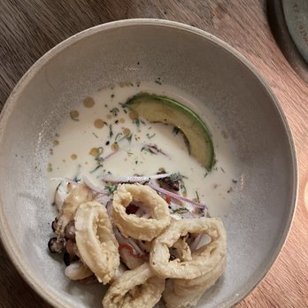 Llama Inn - Was supposed to be ceviche - a tiny spoonful is below fried calamari and the avocado wasn't ripe so green and hard ! - Peruvian Near Me - Brooklyn, New York Llama Inn - Was supposed to be ceviche - a tiny spoonful is below fried calamari and the avocado wasn't ripe so green and hard ! - Peruvian Near Me - Brooklyn, New York