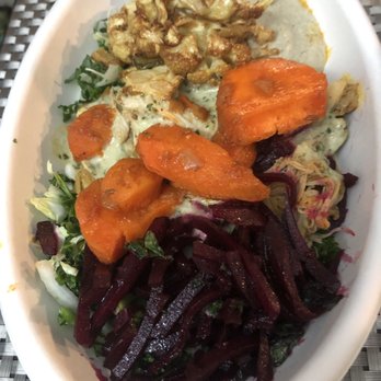 Brassica - Salad bowl with chicken, Beets, carrots, cauliflower, lentil rice, baba ganoush - Mediterranean Near Me - Upper Arlington, Ohio Brassica - Salad bowl with chicken, Beets, carrots, cauliflower, lentil rice, baba ganoush - Mediterranean Near Me - Upper Arlington, Ohio