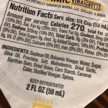 Potbelly - Balsamic salad dressing - with soybean oil, three kinds of sugar, gum, artificial coloring... - Sandwiches Near Me - Washington, DC, District of Columbia Potbelly - Balsamic salad dressing - with soybean oil, three kinds of sugar, gum, artificial coloring... - Sandwiches Near Me - Washington, DC, District of Columbia