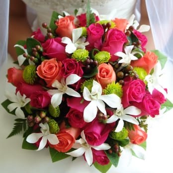 Aberdeen's Wedding Florist - Bridal bouquet - Deep pink and coral roses, with green mums, princess orchids, hypericum berries - Florists Near Me - Schaumburg, Illinois Aberdeen's Wedding Florist - Bridal bouquet - Deep pink and coral roses, with green mums, princess orchids, hypericum berries - Florists Near Me - Schaumburg, Illinois