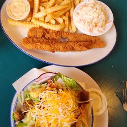Fish and chips with the dinner salad Fish and chips with the dinner salad