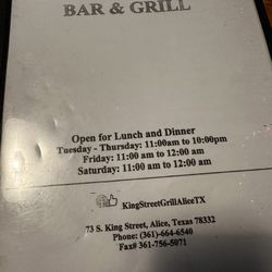King Street Grill - Front of menu